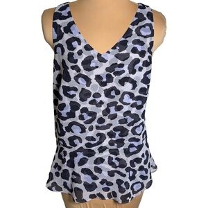 Cabi Leopard Print Sleeveless Peplum Blouse Top Medium Gray Black V-Neck Sheer